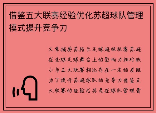 借鉴五大联赛经验优化苏超球队管理模式提升竞争力 借鉴五大联赛经验优化苏超球队管理模式提升竞争力